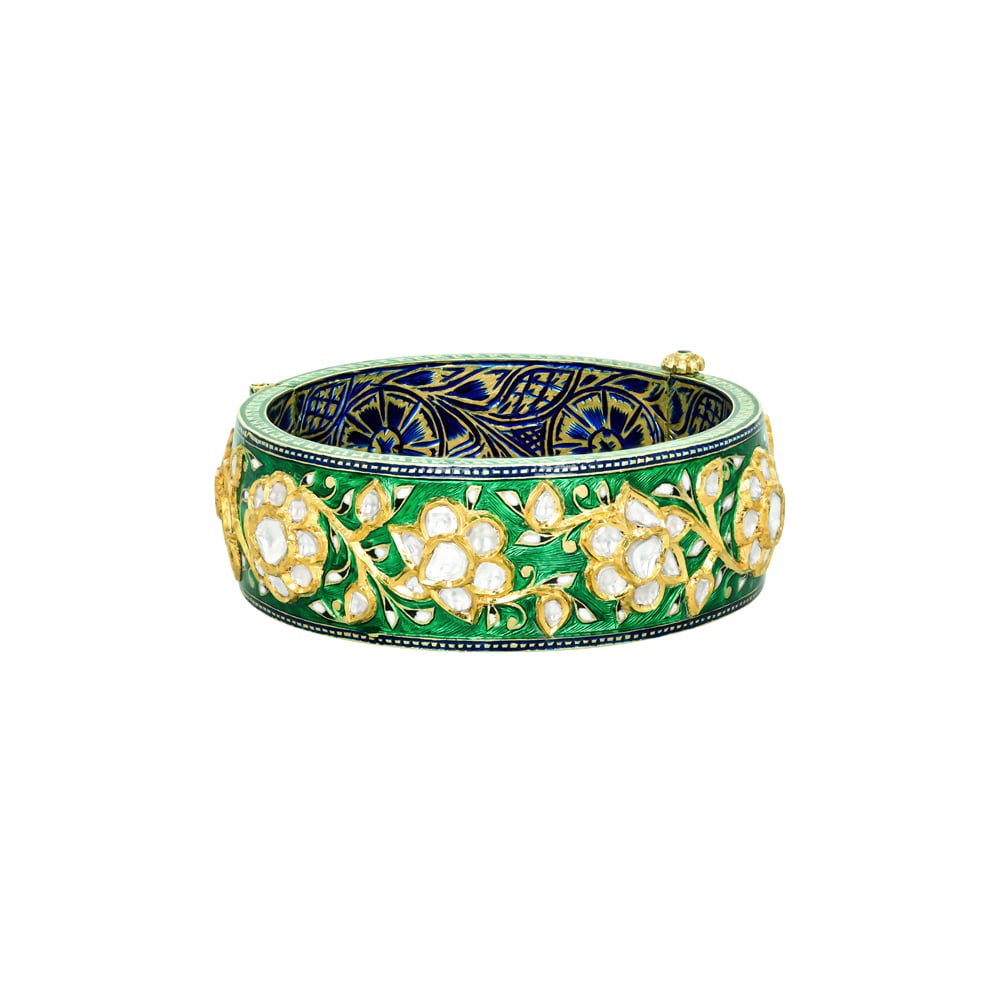 Green Enamel Bangle with Polki Florals and Blue Inner Motifs